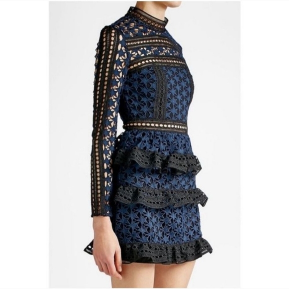 Self Portrait | High Neck Star Lace Panelled Dress in Navy Blue Black Size 0 - Picture 2 of 10